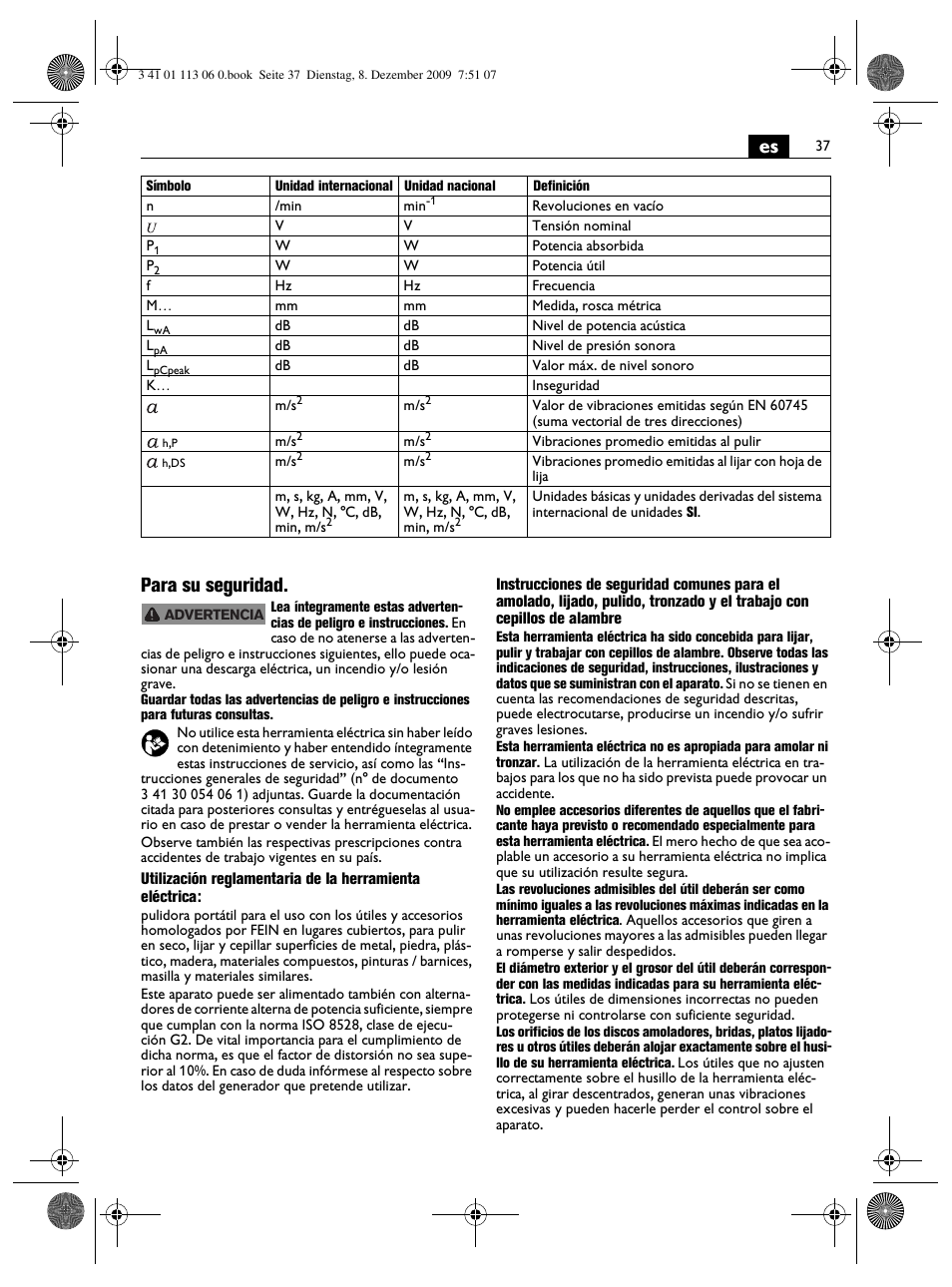 Es para su seguridad | Fein WPO 14-15E User Manual | Page 37 / 94