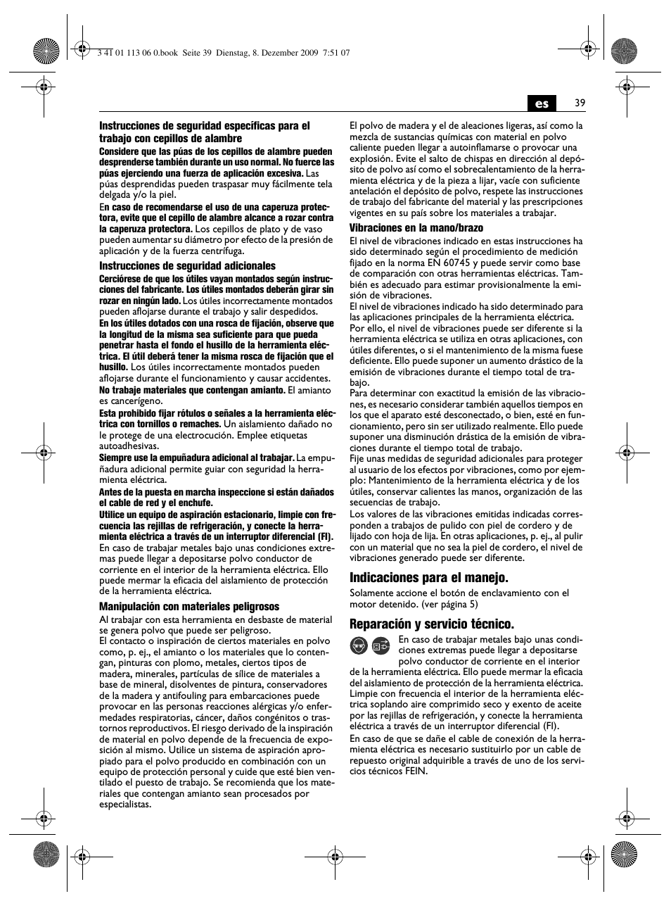 Indicaciones para el manejo, Reparación y servicio técnico | Fein WPO 14-15E User Manual | Page 39 / 94