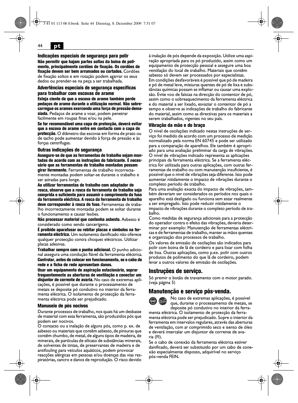 Instruções de serviço, Manutenção e serviço pós-venda | Fein WPO 14-15E User Manual | Page 44 / 94