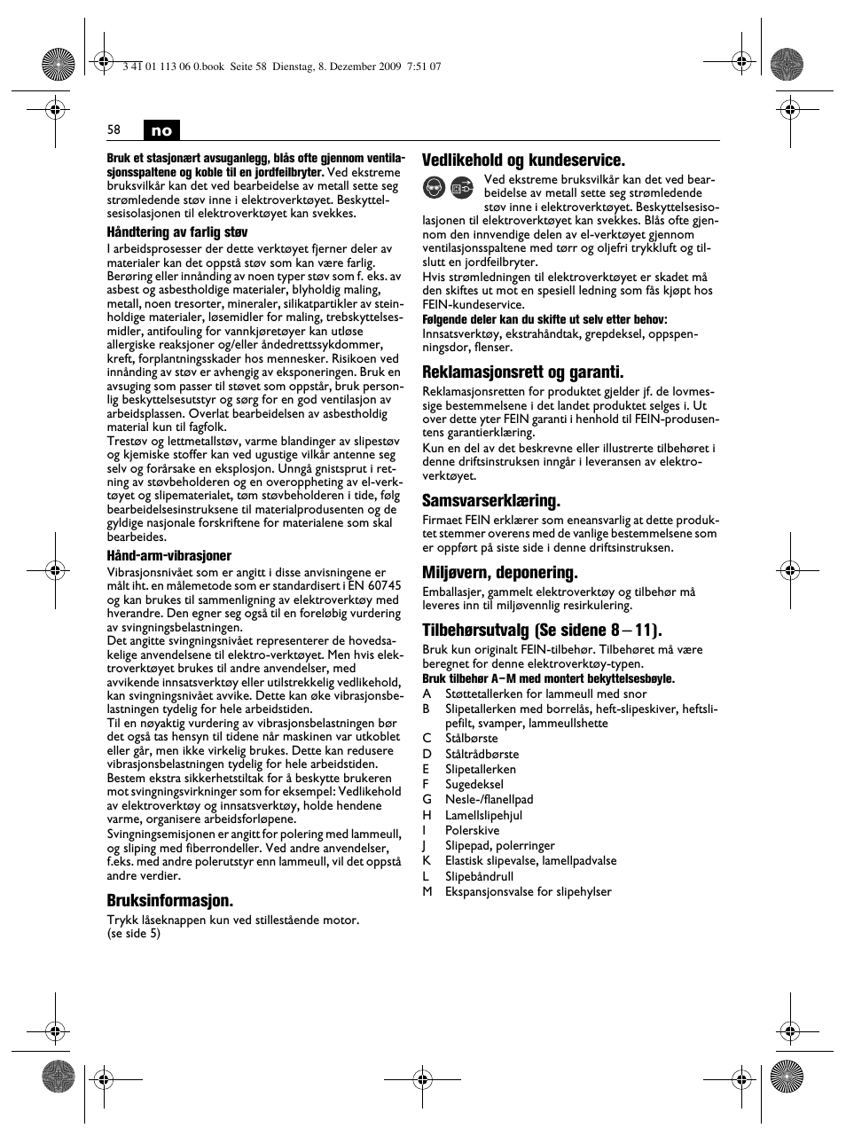 Bruksinformasjon, Vedlikehold og kundeservice, Reklamasjonsrett og garanti | Samsvarserklæring, Miljøvern, deponering, Tilbehørsutvalg (se sidene 8 – 11) | Fein WPO 14-15E User Manual | Page 58 / 94