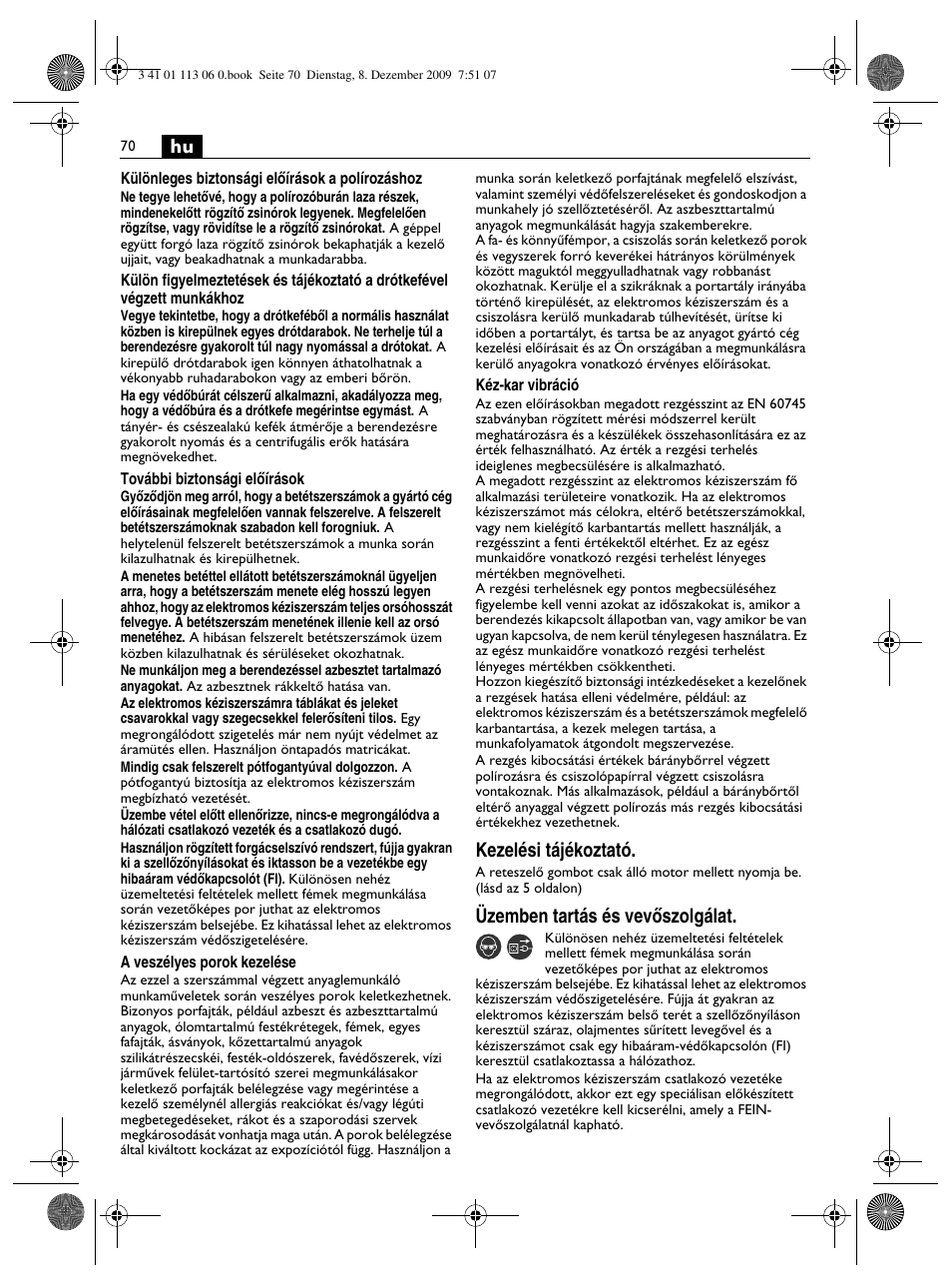 Kezelési tájékoztató, Üzemben tartás és vevœszolgálat | Fein WPO 14-15E User Manual | Page 70 / 94
