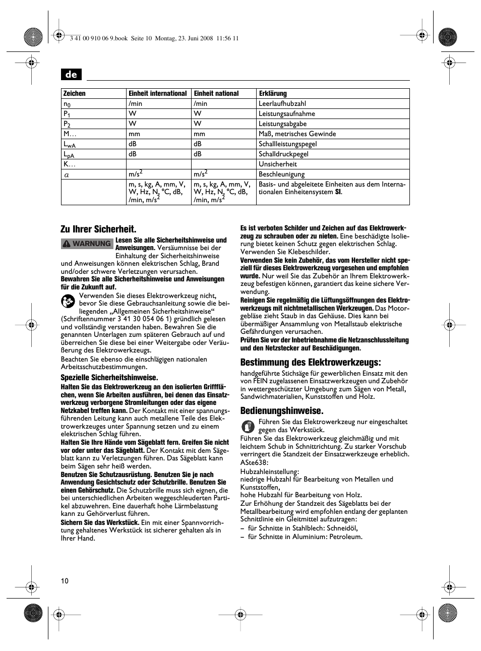 De zu ihrer sicherheit, Bestimmung des elektrowerkzeugs, Bedienungshinweise | Fein ASte636 User Manual | Page 10 / 61