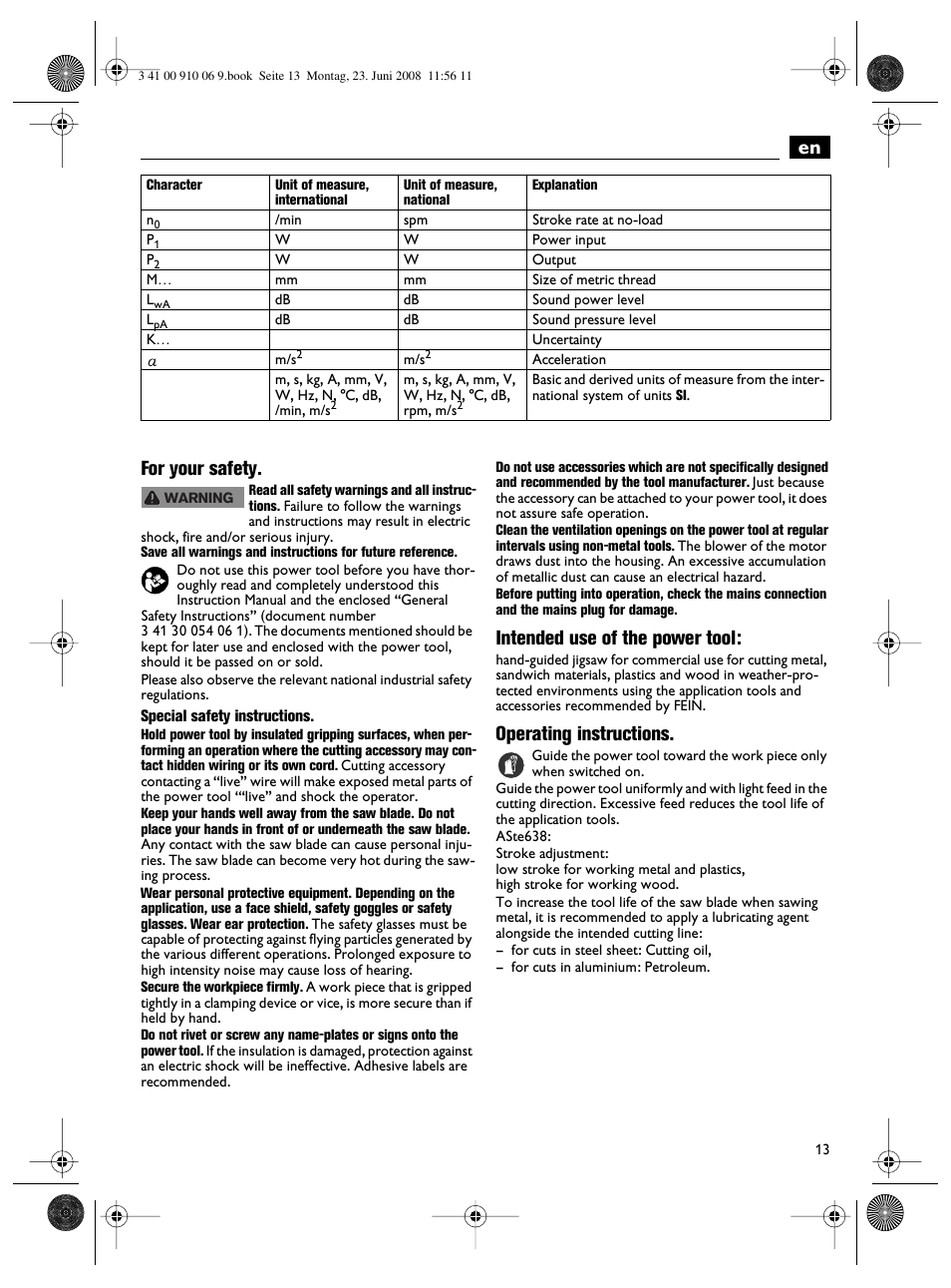 En for your safety, Intended use of the power tool, Operating instructions | Fein ASte636 User Manual | Page 13 / 61