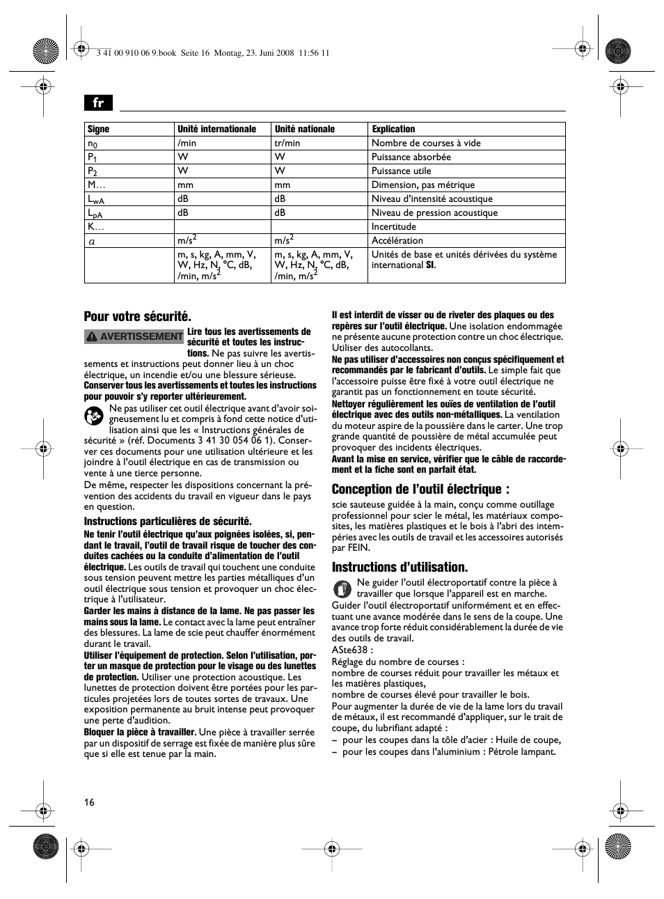 Fr pour votre sécurité, Conception de l’outil électrique, Instructions d’utilisation | Fein ASte636 User Manual | Page 16 / 61