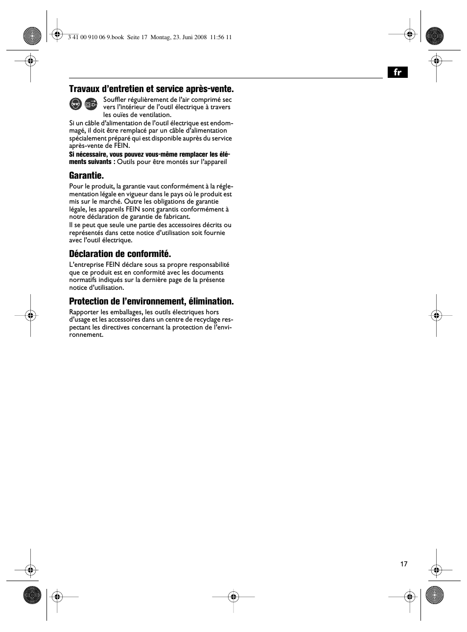 Fr travaux d’entretien et service après-vente, Garantie, Déclaration de conformité | Protection de l’environnement, élimination | Fein ASte636 User Manual | Page 17 / 61