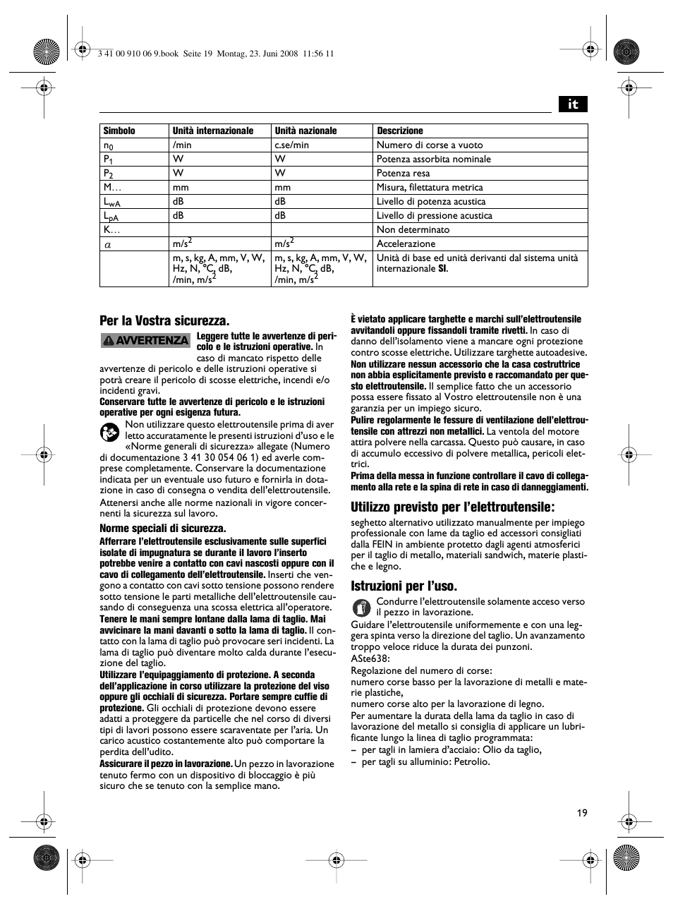 It per la vostra sicurezza, Utilizzo previsto per l’elettroutensile, Istruzioni per l’uso | Fein ASte636 User Manual | Page 19 / 61