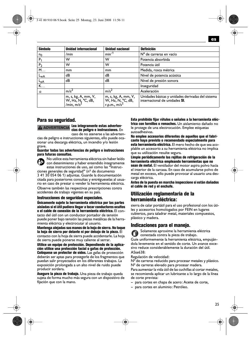Es para su seguridad, Indicaciones para el manejo | Fein ASte636 User Manual | Page 25 / 61