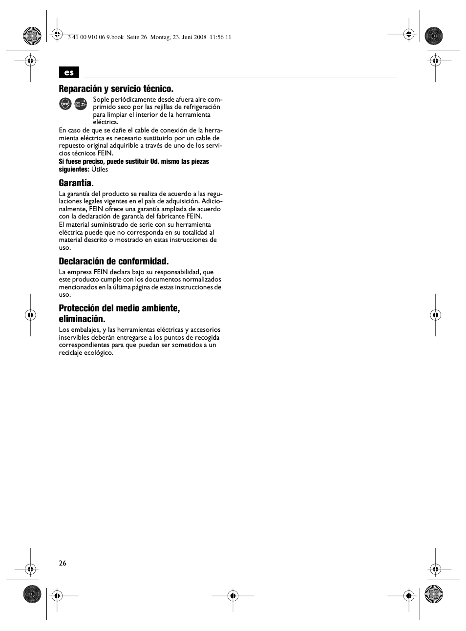 Es reparación y servicio técnico, Garantía, Declaración de conformidad | Protección del medio ambiente, eliminación | Fein ASte636 User Manual | Page 26 / 61