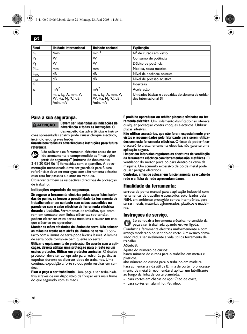 Pt para a sua segurança, Finalidade da ferramenta, Instruções de serviço | Fein ASte636 User Manual | Page 28 / 61