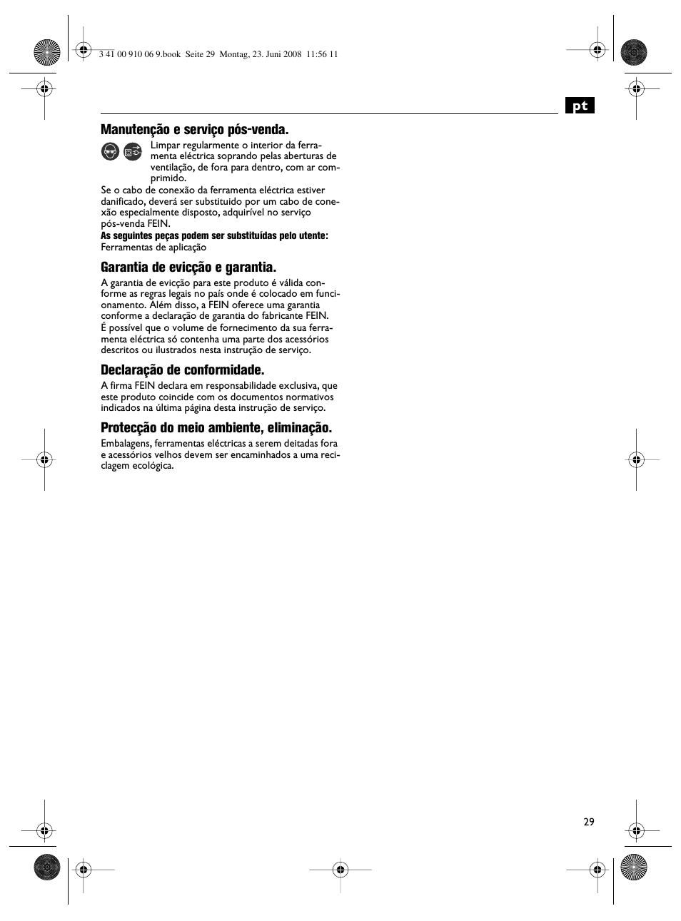 Pt manutenção e serviço pós-venda, Garantia de evicção e garantia, Declaração de conformidade | Protecção do meio ambiente, eliminação | Fein ASte636 User Manual | Page 29 / 61