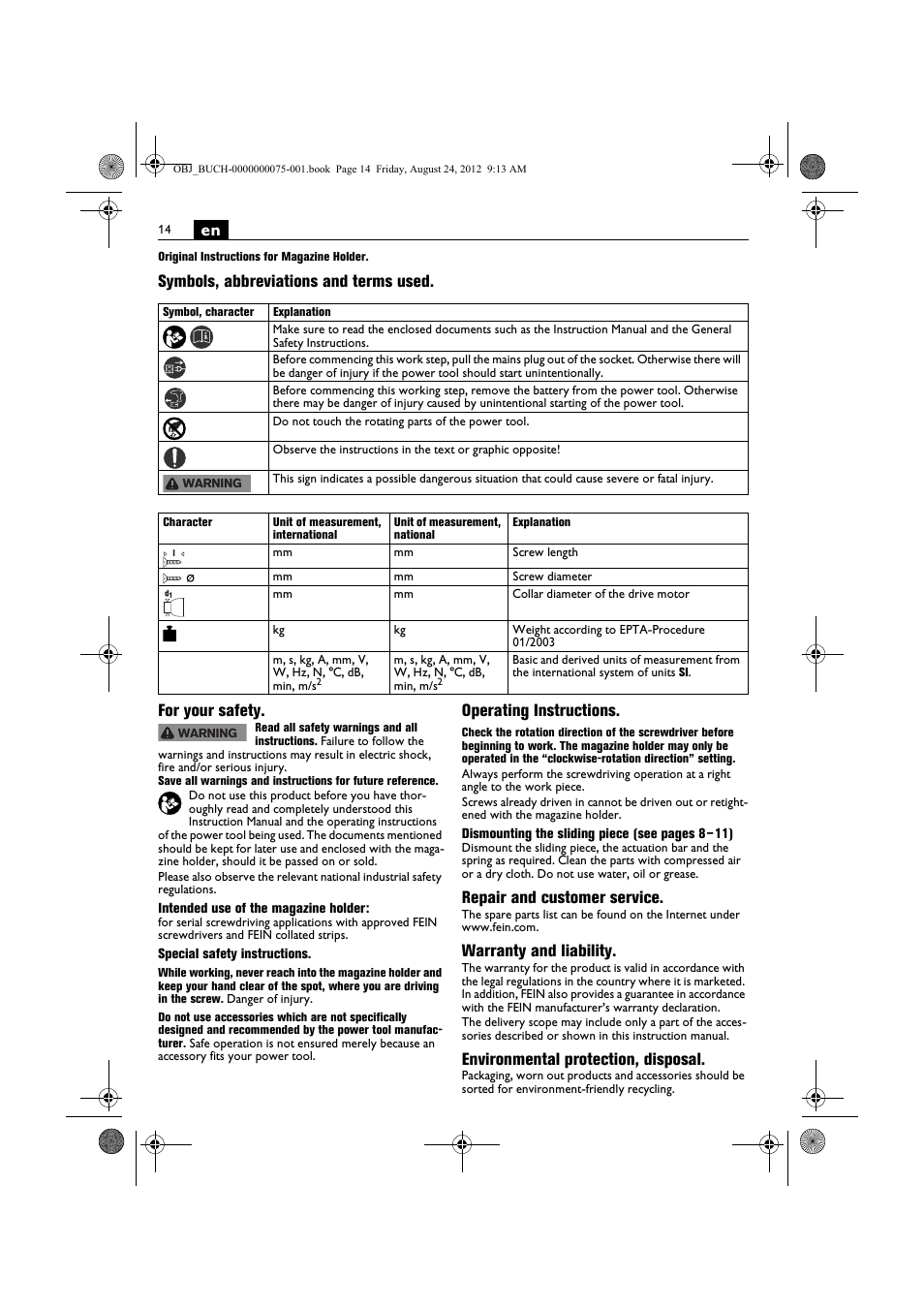 Operating instructions, Repair and customer service, Warranty and liability | Environmental protection, disposal | Fein ASCT18M магазин User Manual | Page 14 / 63