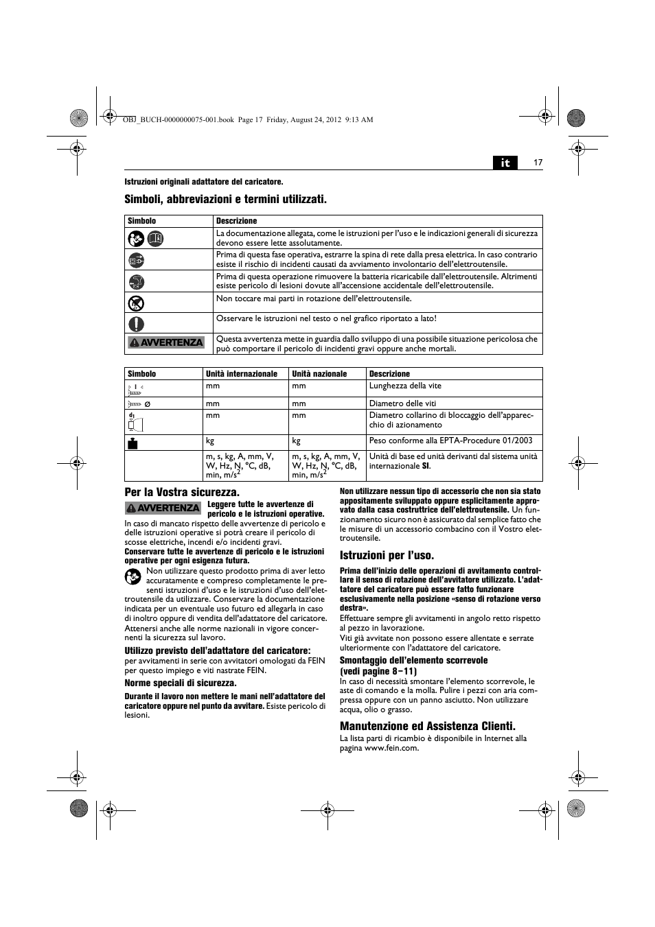 Istruzioni per l’uso, Manutenzione ed assistenza clienti | Fein ASCT18M магазин User Manual | Page 17 / 63