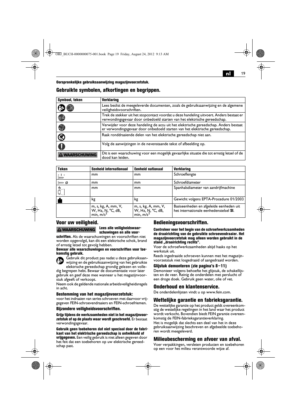 Bedieningsvoorschriften, Onderhoud en klantenservice, Wettelijke garantie en fabrieksgarantie | Milieubescherming en afvoer van afval | Fein ASCT18M магазин User Manual | Page 19 / 63