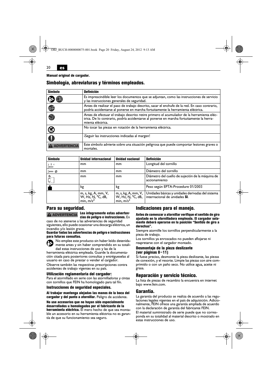 Indicaciones para el manejo, Reparación y servicio técnico, Garantía | Fein ASCT18M магазин User Manual | Page 20 / 63