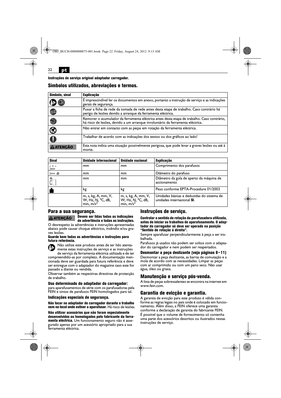 Instruções de serviço, Manutenção e serviço pós-venda, Garantia de evicção e garantia | Fein ASCT18M магазин User Manual | Page 22 / 63