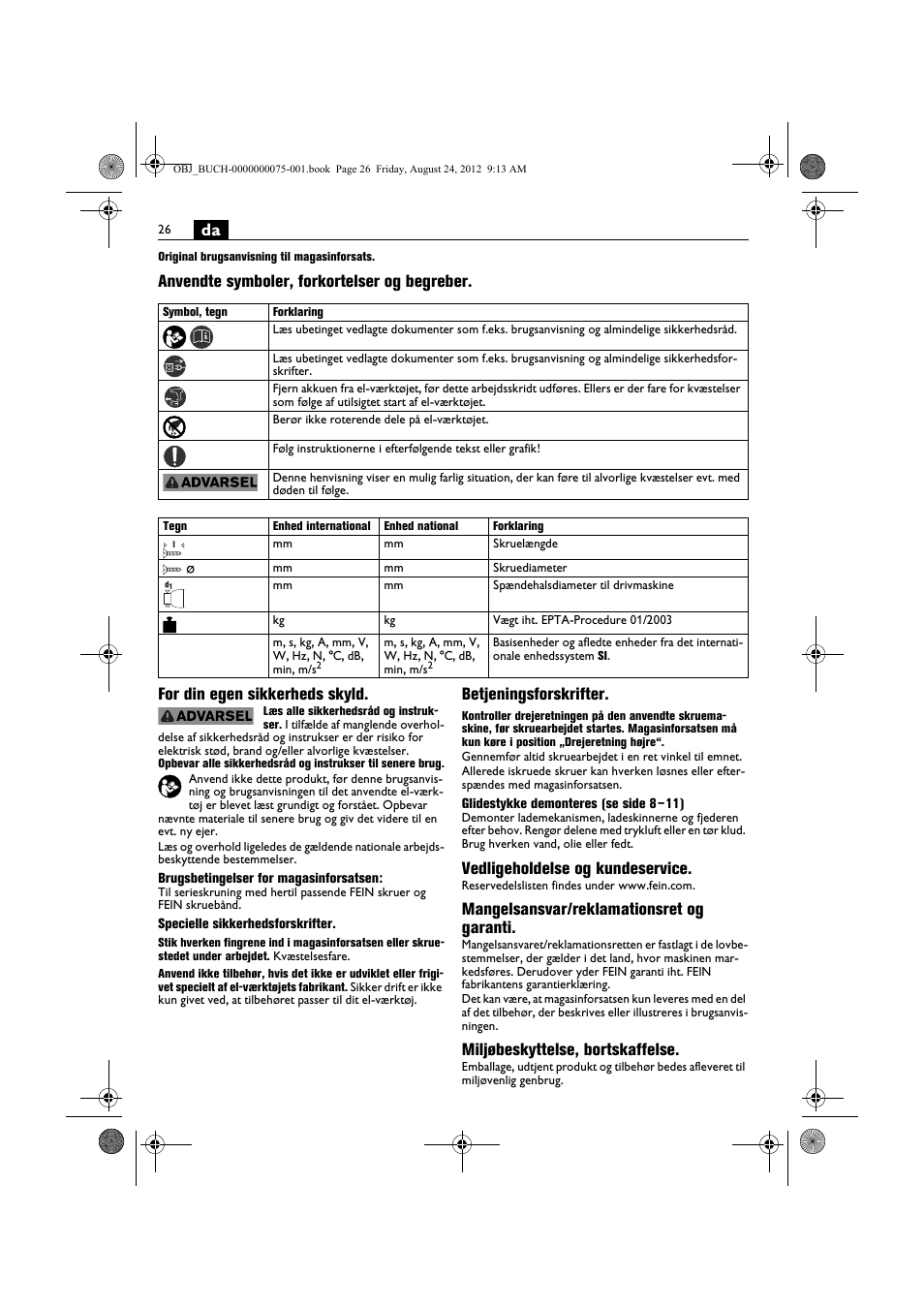 Betjeningsforskrifter, Vedligeholdelse og kundeservice, Mangelsansvar/reklamationsret og garanti | Miljøbeskyttelse, bortskaffelse | Fein ASCT18M магазин User Manual | Page 26 / 63