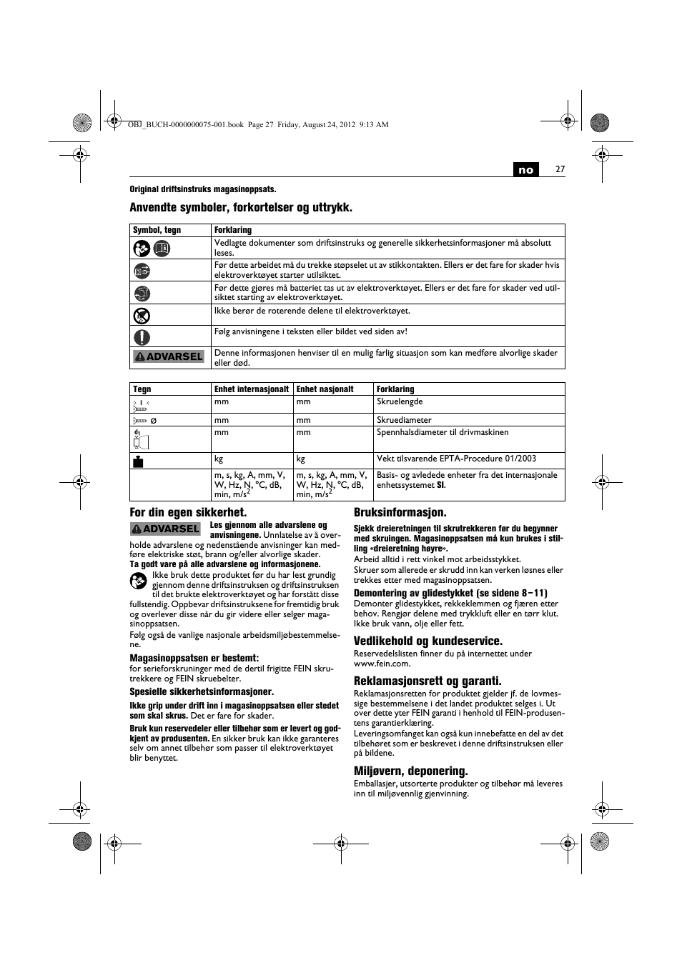 Bruksinformasjon, Vedlikehold og kundeservice, Reklamasjonsrett og garanti | Miljøvern, deponering | Fein ASCT18M магазин User Manual | Page 27 / 63