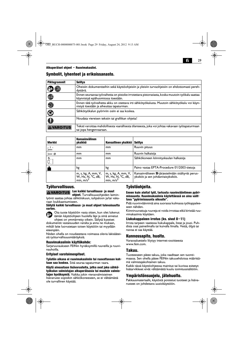 Työstöohjeita, Kunnossapito, huolto, Takuu | Ympäristönsuojelu, jätehuolto | Fein ASCT18M магазин User Manual | Page 29 / 63