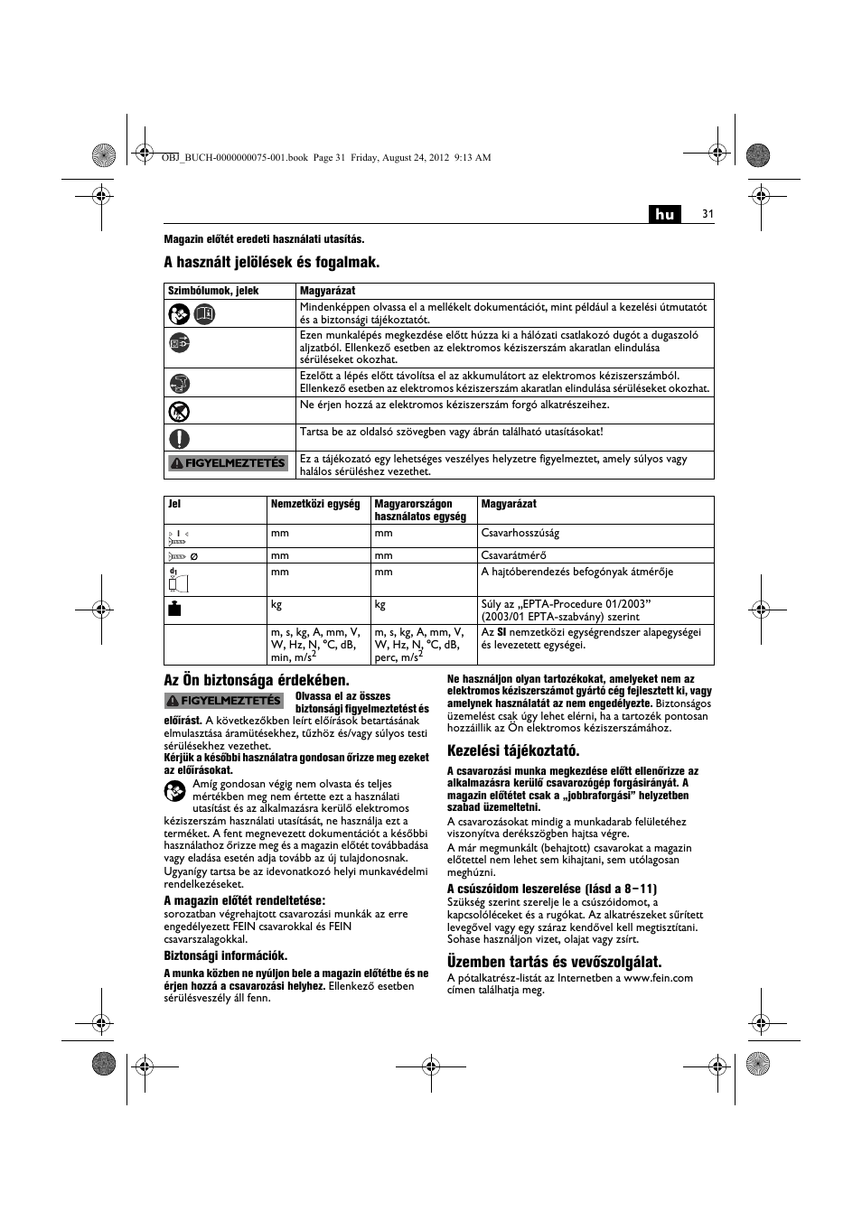 Kezelési tájékoztató, Üzemben tartás és vevőszolgálat | Fein ASCT18M магазин User Manual | Page 31 / 63