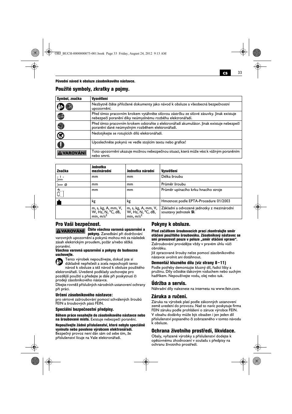 Pokyny k obsluze, Údržba a servis, Záruka a ručení | Ochrana životního prostředí, likvidace | Fein ASCT18M магазин User Manual | Page 33 / 63