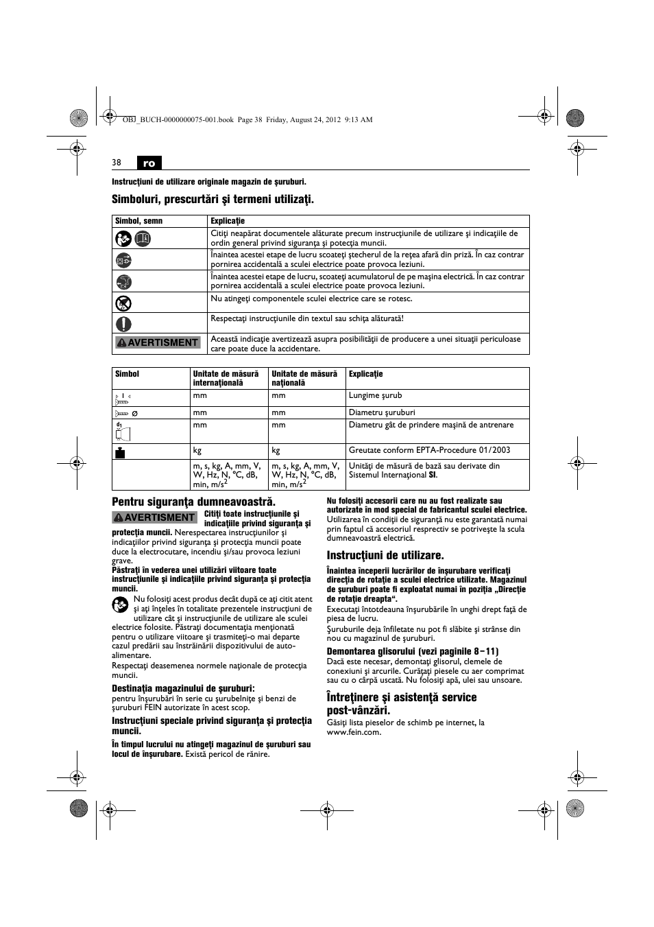 Instrucţiuni de utilizare, Întreţinere şi asistenţă service post-vânzări | Fein ASCT18M магазин User Manual | Page 38 / 63