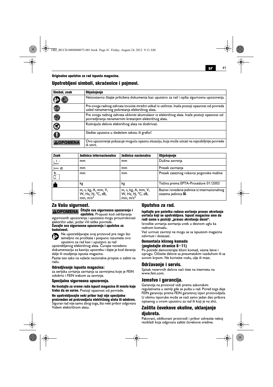 Uputstva za rad, Održavanje i servis, Jemstvo i garancija | Zaštita čovekove okoline, uklanjanje djubreta | Fein ASCT18M магазин User Manual | Page 41 / 63