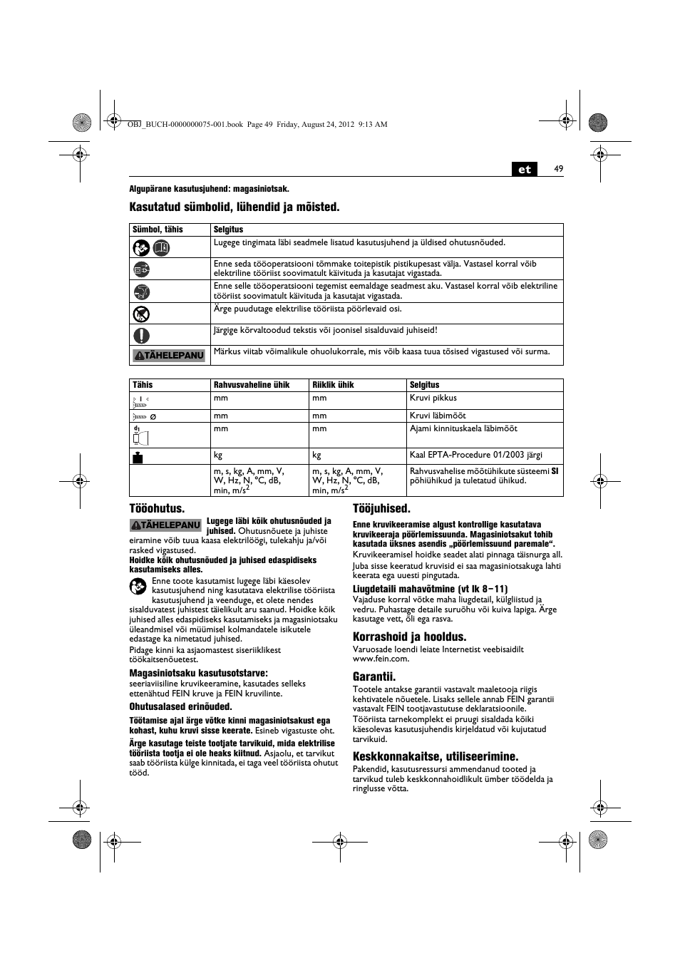 Kasutatud sümbolid, lühendid ja mõisted. tööohutus, Tööjuhised, Korrashoid ja hooldus | Garantii, Keskkonnakaitse, utiliseerimine | Fein ASCT18M магазин User Manual | Page 49 / 63