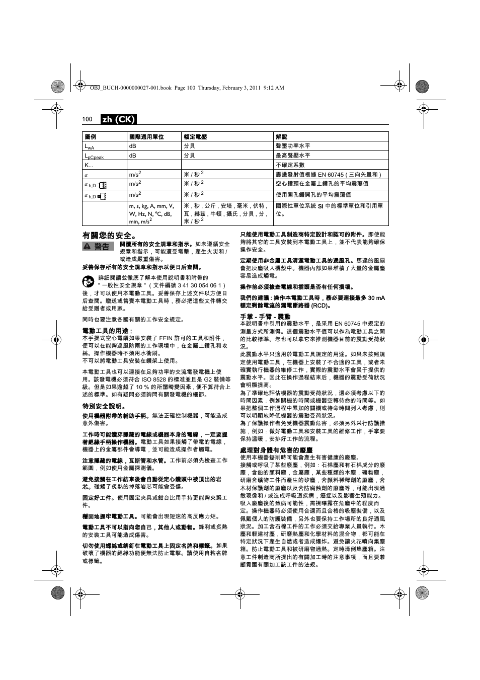 Zh (ck), 有關您的安全 | Fein KBH25 User Manual | Page 100 / 117