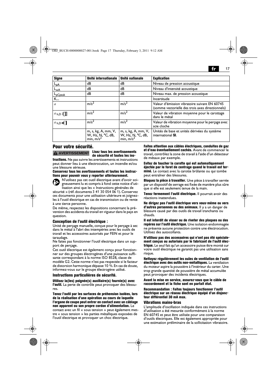 Fr pour votre sécurité | Fein KBH25 User Manual | Page 17 / 117