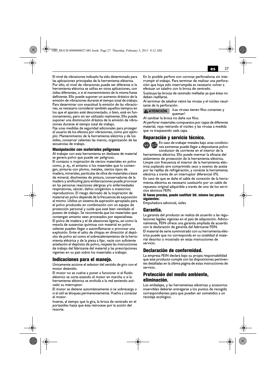 Indicaciones para el manejo, Reparación y servicio técnico, Garantía | Declaración de conformidad, Protección del medio ambiente, eliminación | Fein KBH25 User Manual | Page 27 / 117