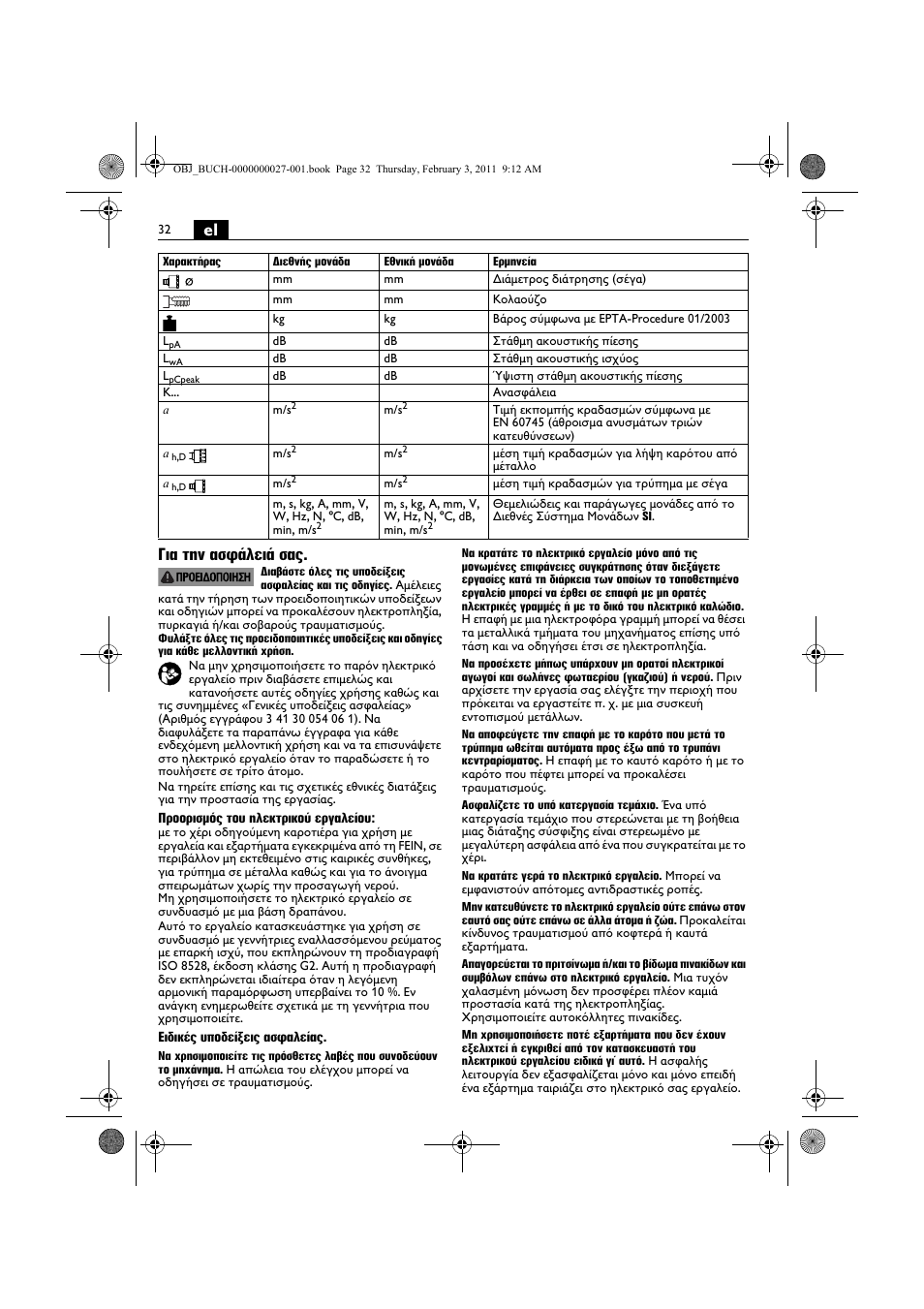 El για την ασφάλειά σας | Fein KBH25 User Manual | Page 32 / 117