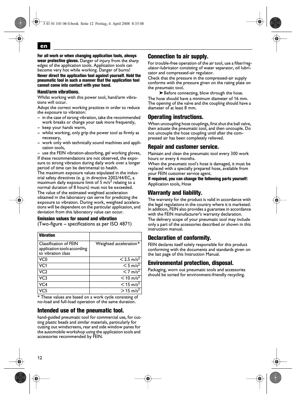 Intended use of the pneumatic tool, Connection to air supply, Operating instructions | Repair and customer service, Warranty and liability, Declaration of conformity, Environmental protection, disposal | Fein MOtlx_6_25 User Manual | Page 12 / 70
