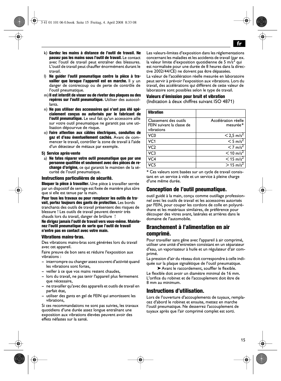Conception de l’outil pneumatique, Branchement à l’alimentation en air comprimé, Instructions d’utilisation | Fein MOtlx_6_25 User Manual | Page 15 / 70
