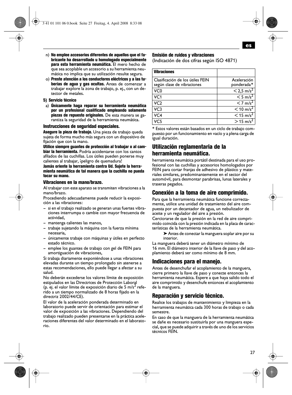 Conexión a la toma de aire comprimido, Indicaciones para el manejo, Reparación y servicio técnico | Fein MOtlx_6_25 User Manual | Page 27 / 70
