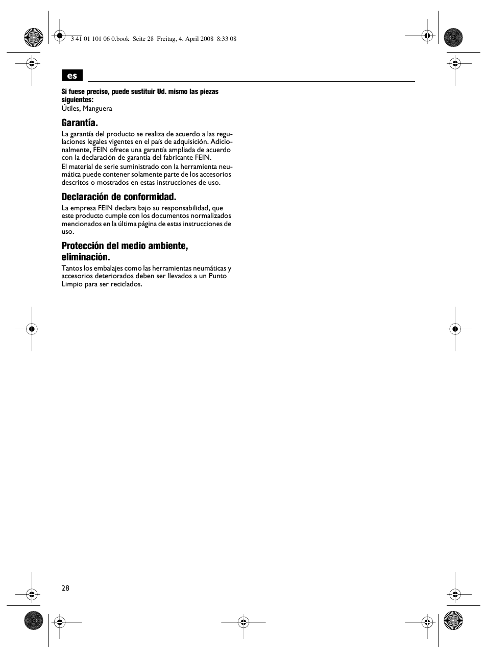 Garantía, Declaración de conformidad, Protección del medio ambiente, eliminación | Fein MOtlx_6_25 User Manual | Page 28 / 70