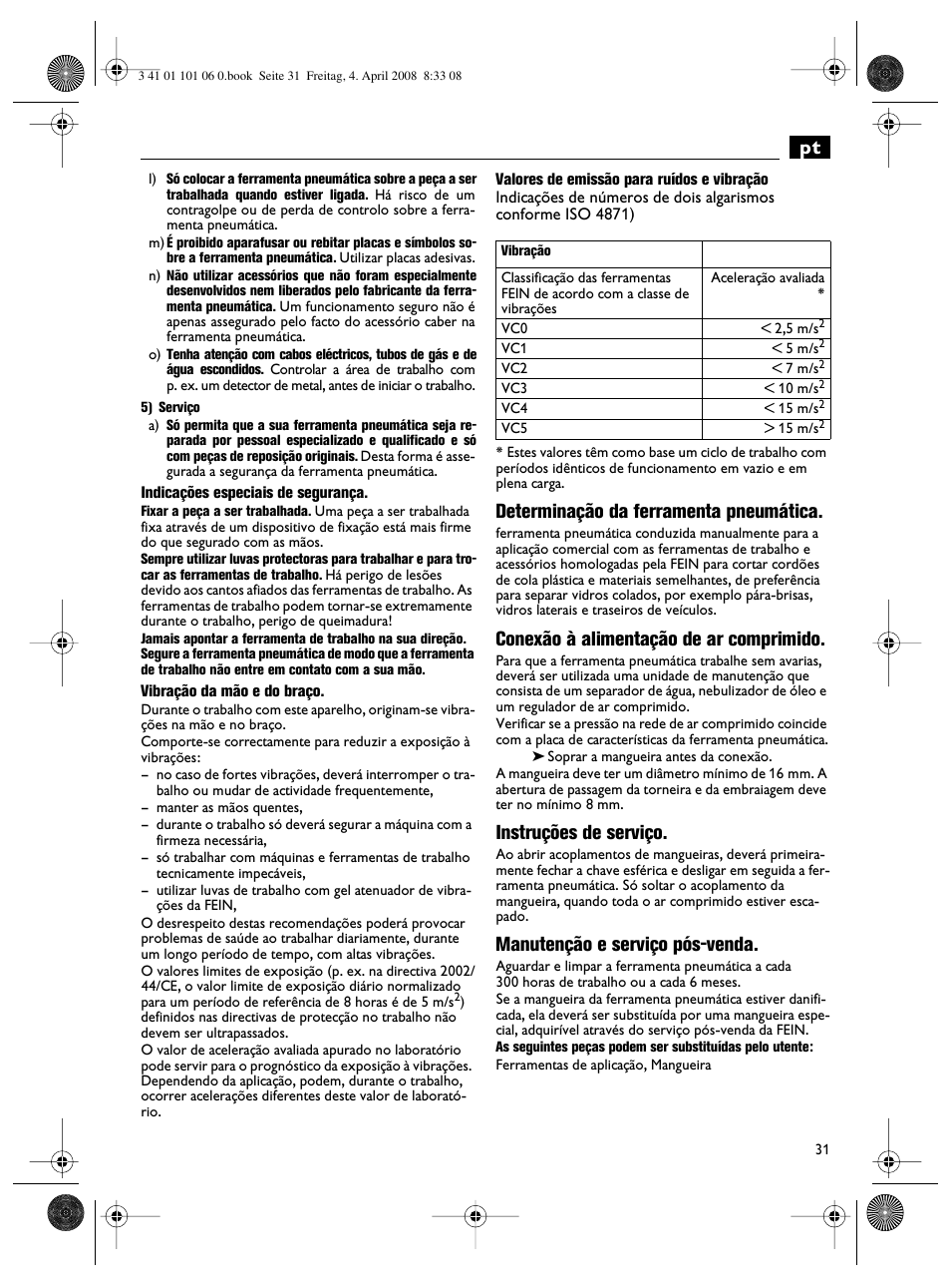 Determinação da ferramenta pneumática, Conexão à alimentação de ar comprimido, Instruções de serviço | Manutenção e serviço pós-venda | Fein MOtlx_6_25 User Manual | Page 31 / 70