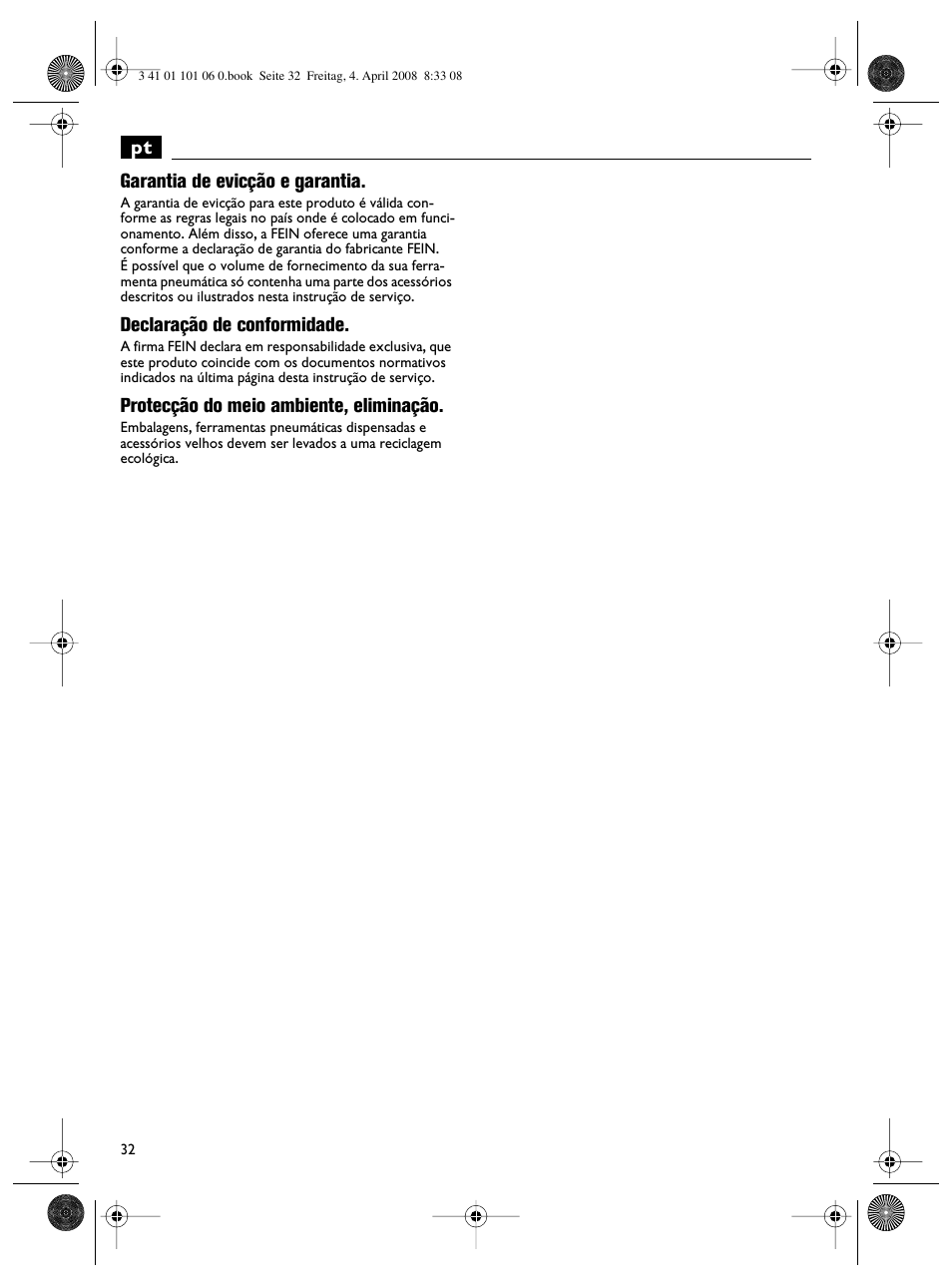 Pt garantia de evicção e garantia, Declaração de conformidade, Protecção do meio ambiente, eliminação | Fein MOtlx_6_25 User Manual | Page 32 / 70