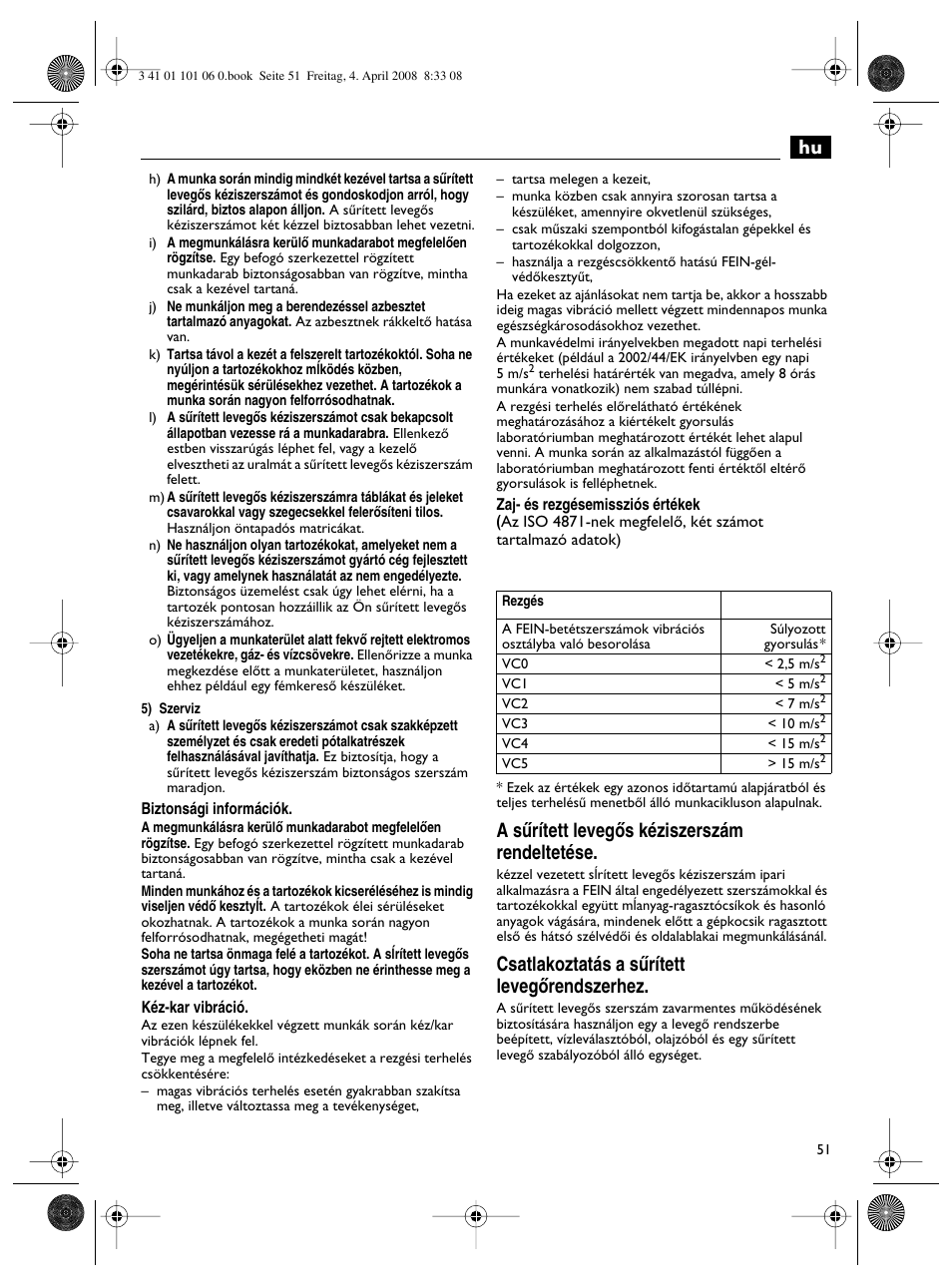 A sırített levegœs kéziszerszám rendeltetése, Csatlakoztatás a sırített levegœrendszerhez | Fein MOtlx_6_25 User Manual | Page 51 / 70