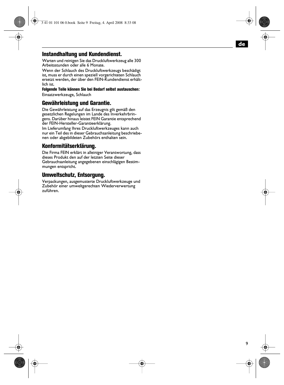 De instandhaltung und kundendienst, Gewährleistung und garantie, Konformitätserklärung | Umweltschutz, entsorgung | Fein MOtlx_6_25 User Manual | Page 9 / 70