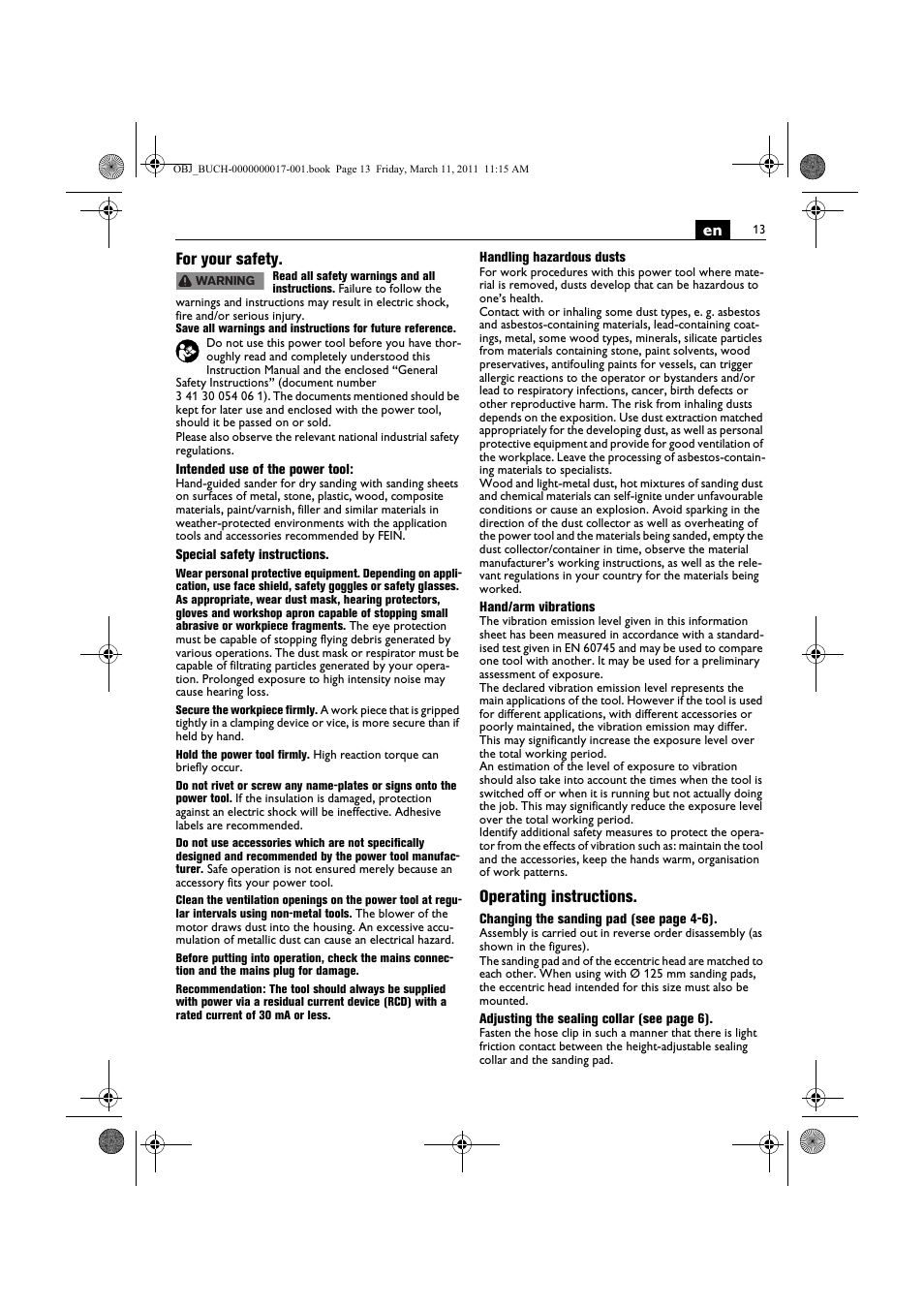 En for your safety, Operating instructions | Fein MSf 636-1 User Manual | Page 13 / 108