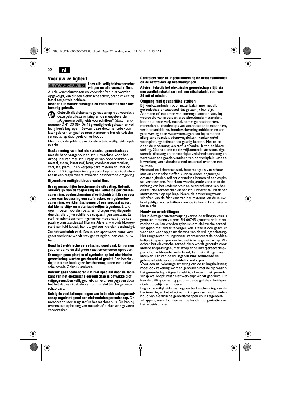 Nl voor uw veiligheid | Fein MSf 636-1 User Manual | Page 22 / 108