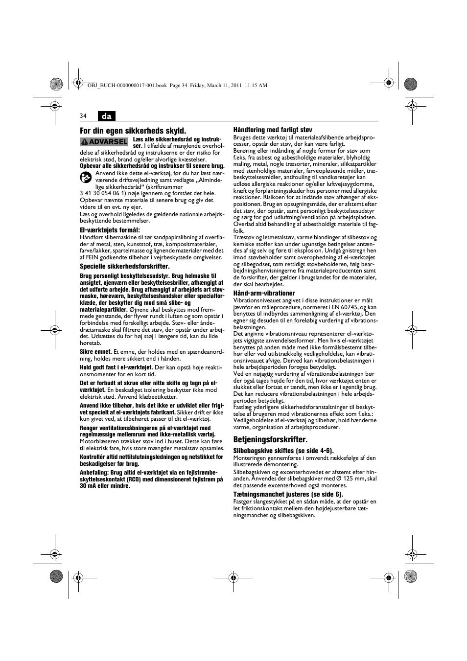 Da for din egen sikkerheds skyld, Betjeningsforskrifter | Fein MSf 636-1 User Manual | Page 34 / 108