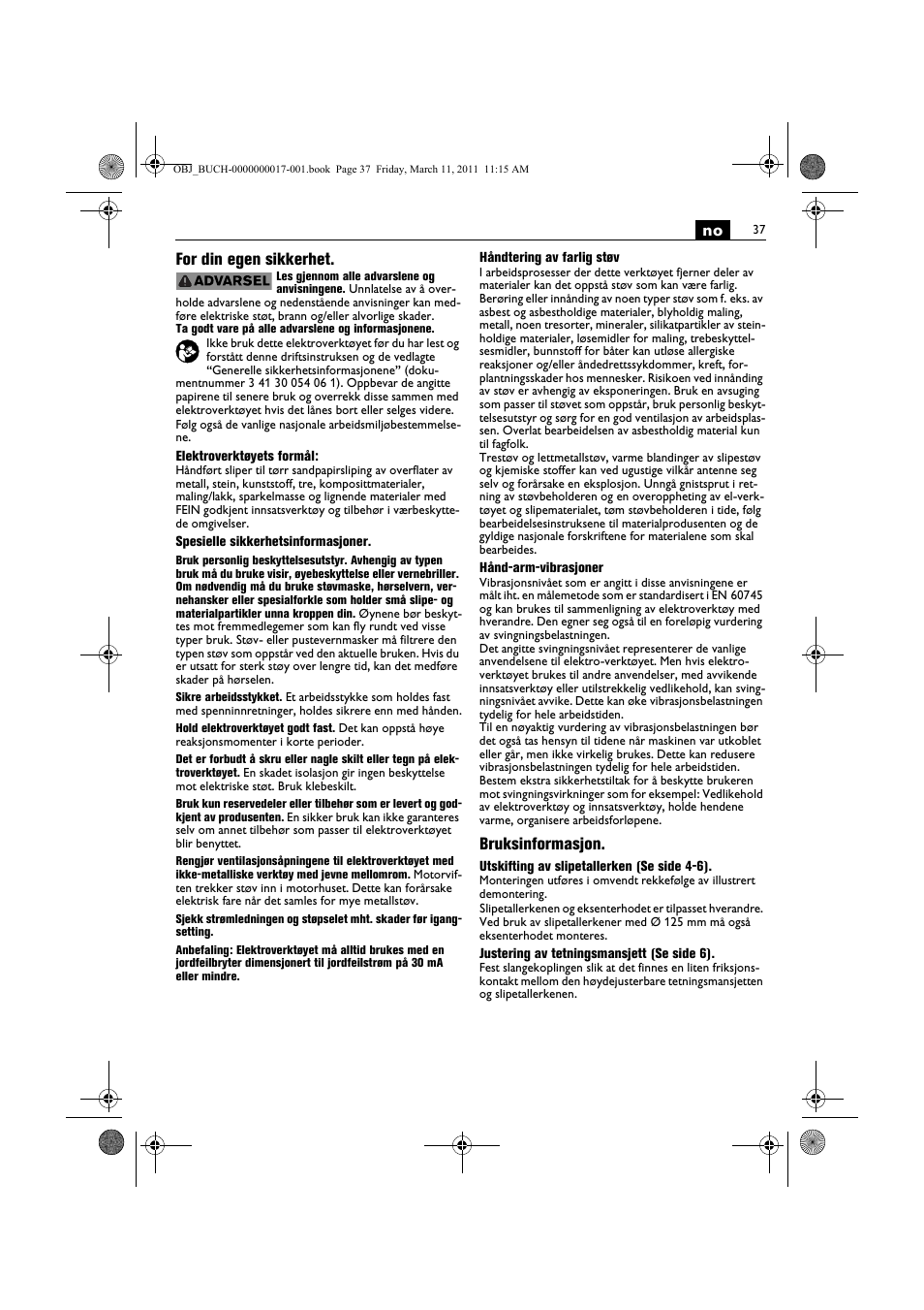 No for din egen sikkerhet, Bruksinformasjon | Fein MSf 636-1 User Manual | Page 37 / 108