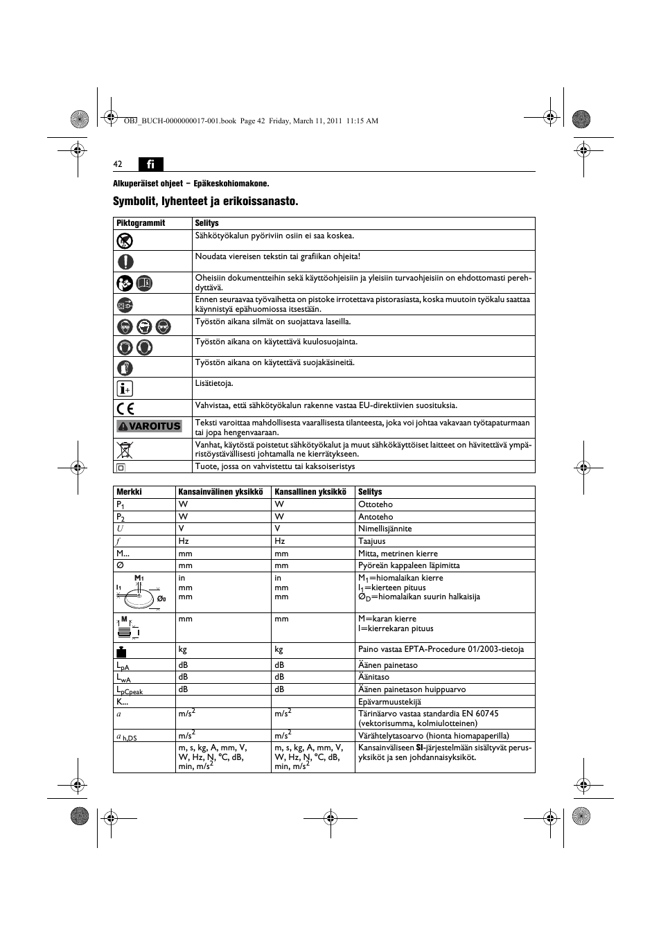 Symbolit, lyhenteet ja erikoissanasto | Fein MSf 636-1 User Manual | Page 42 / 108