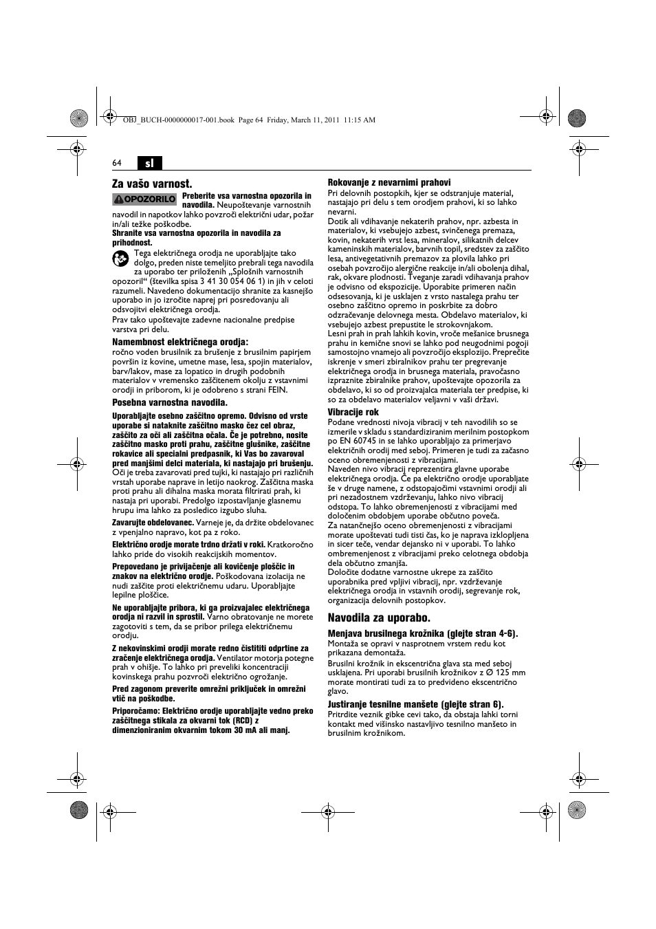 Sl za vašo varnost, Navodila za uporabo | Fein MSf 636-1 User Manual | Page 64 / 108