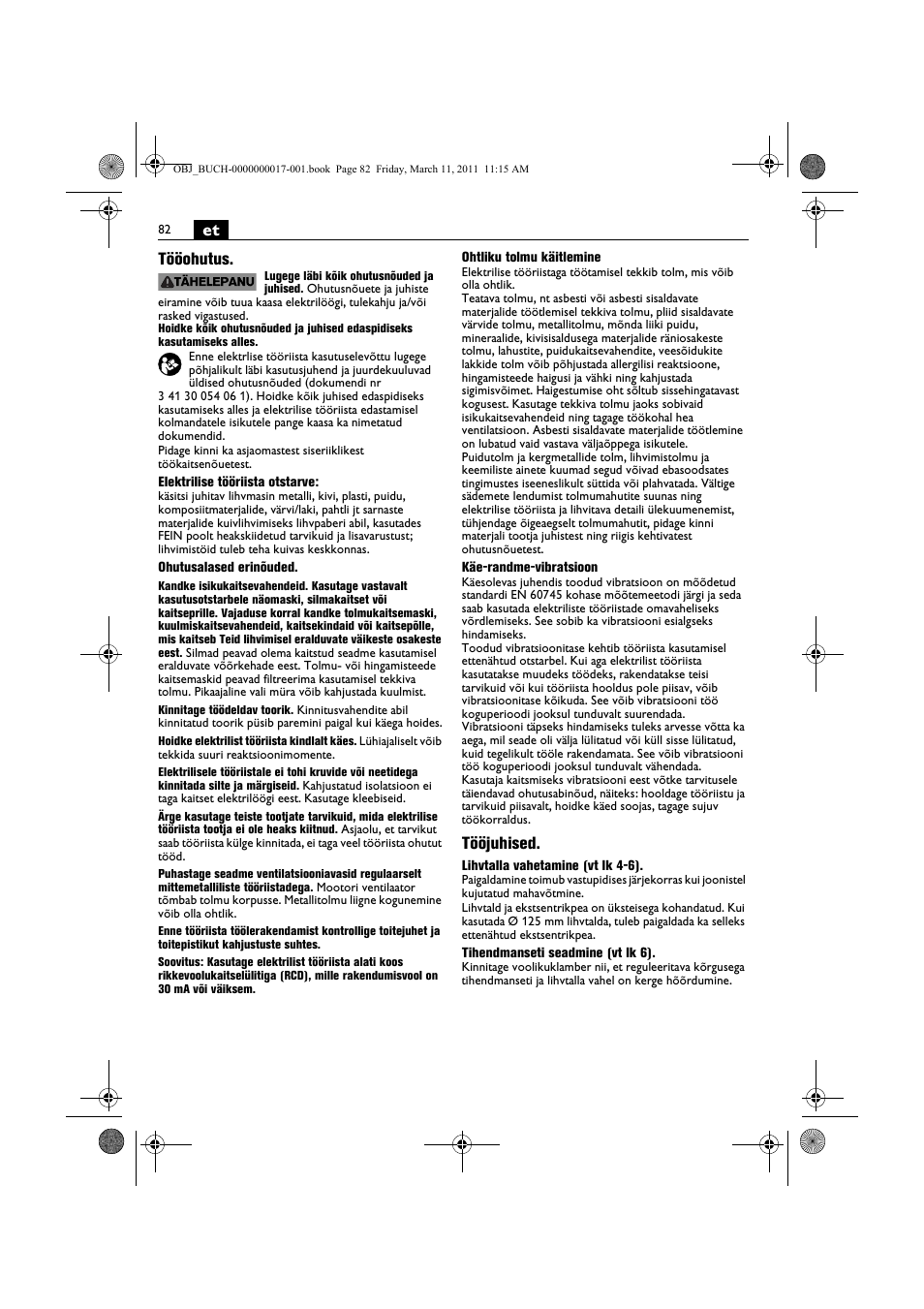 Et tööohutus, Tööjuhised | Fein MSf 636-1 User Manual | Page 82 / 108