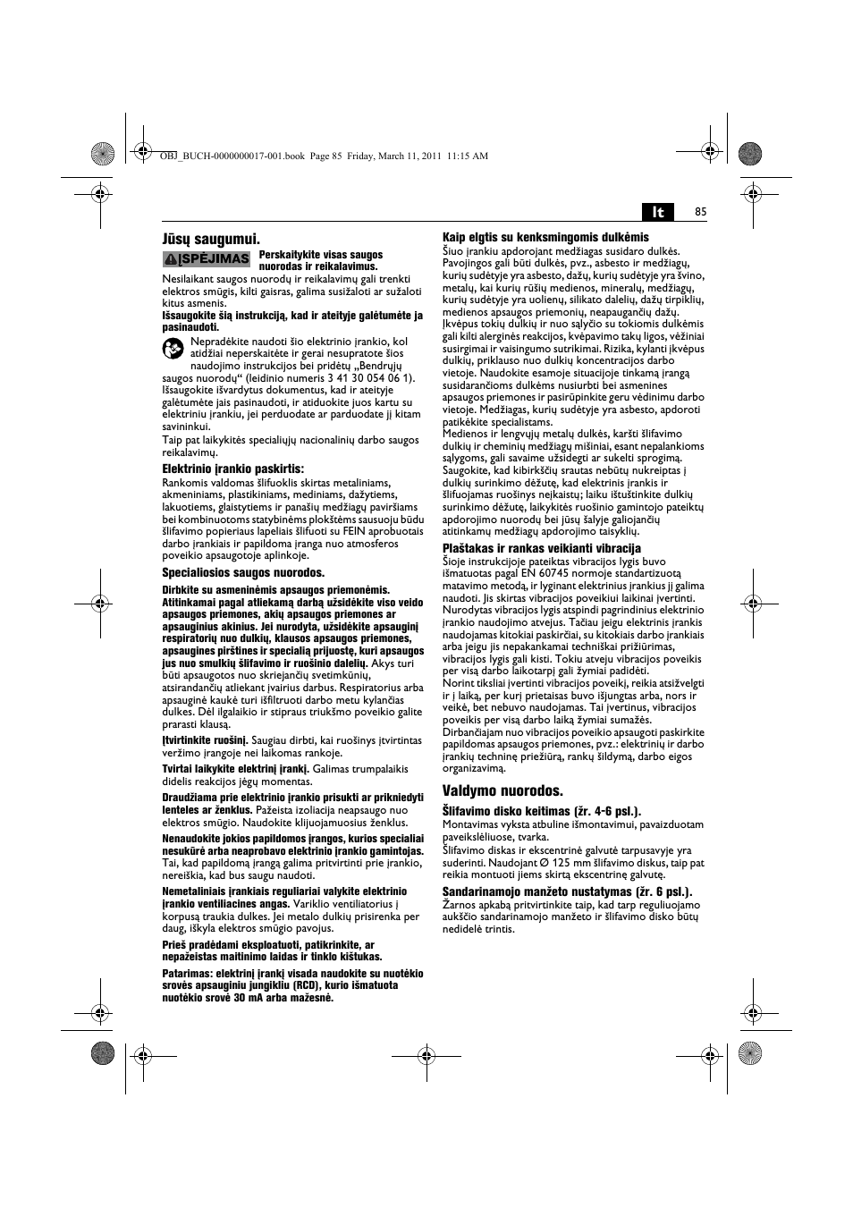 Lt jūsų saugumui, Valdymo nuorodos | Fein MSf 636-1 User Manual | Page 85 / 108
