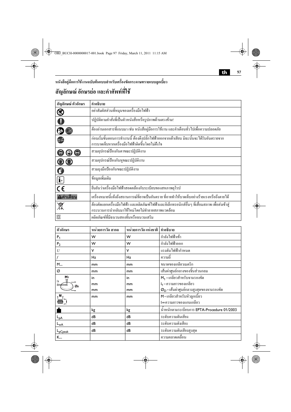 สัญลักษณ อักษรยอ และคําศัพทที่ใช, กําลังไฟฟาเขา, กําลังไฟฟาออก | แรงดันไฟฟากําหนด, ความถ, ขนาดของเกลียวเมตริก, เสนผาศูนยกลางของชิ้นสวนกลม, เกลียวสําหรับจานรองขัด, ความยาวของเกลียว, เสนผาศูนยกลางสูงสุดของจานรองขัด | Fein MSf 636-1 User Manual | Page 97 / 108