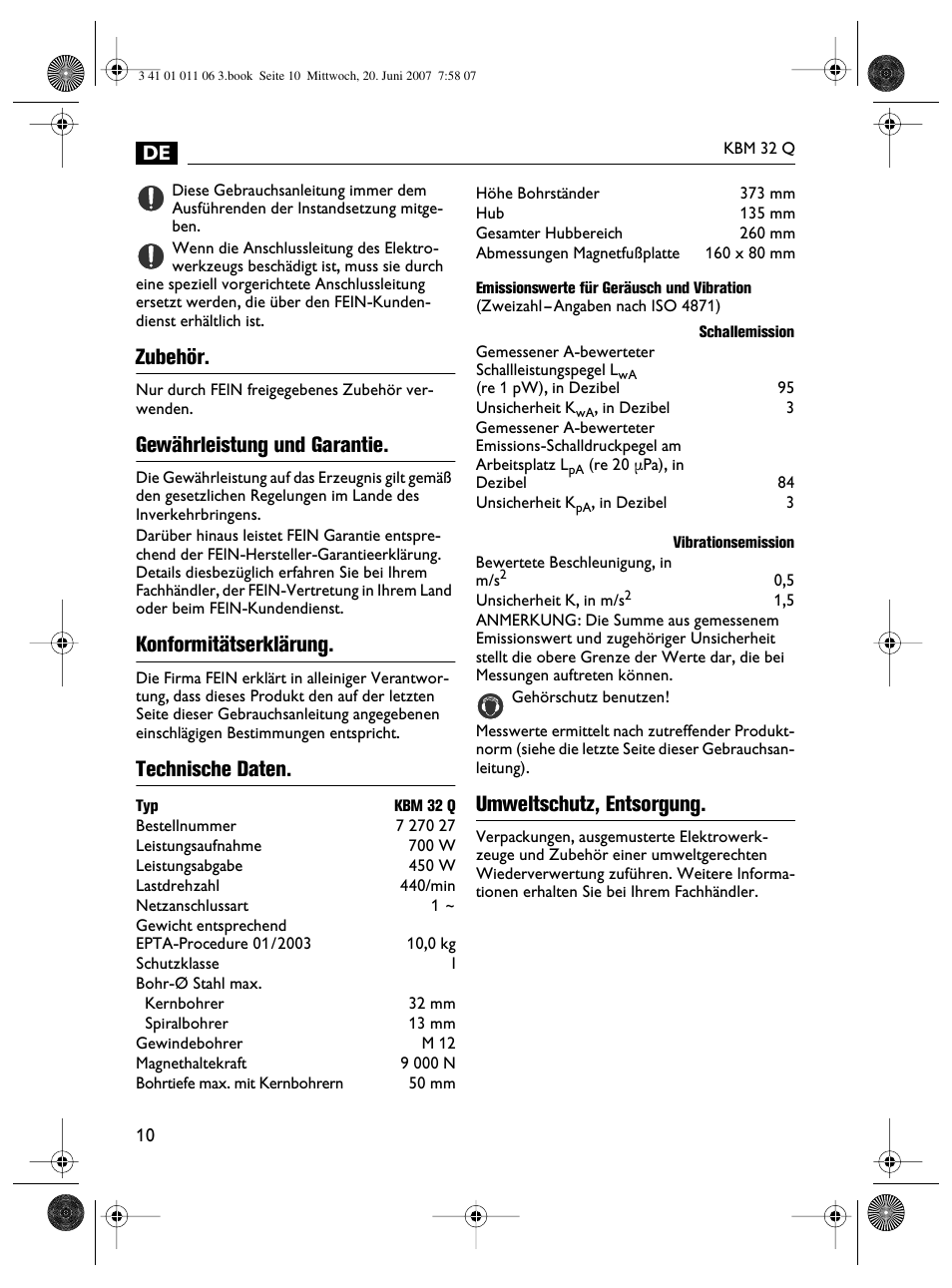 Zubehör, Gewährleistung und garantie, Konformitätserklärung | Technische daten, Umweltschutz, entsorgung | Fein KBM32Q User Manual | Page 10 / 121