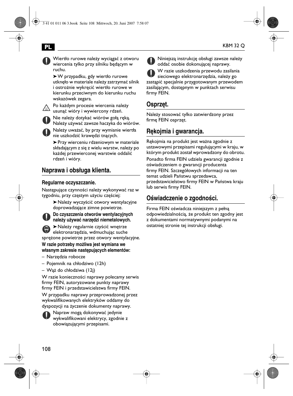 Naprawa i obs∏uga klienta, Osprz´t, R´kojmia i gwarancja | Oêwiadczenie o zgodnoêci | Fein KBM32Q User Manual | Page 108 / 121